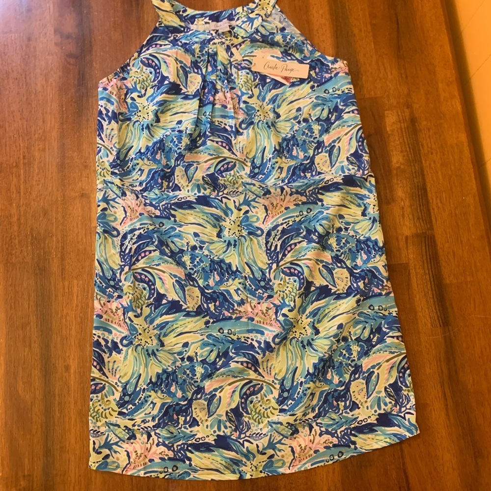 Charlie Paige NWT small/medium Blue and White Dress Ruffled Shark Bite Hem - Picture 10 of 12